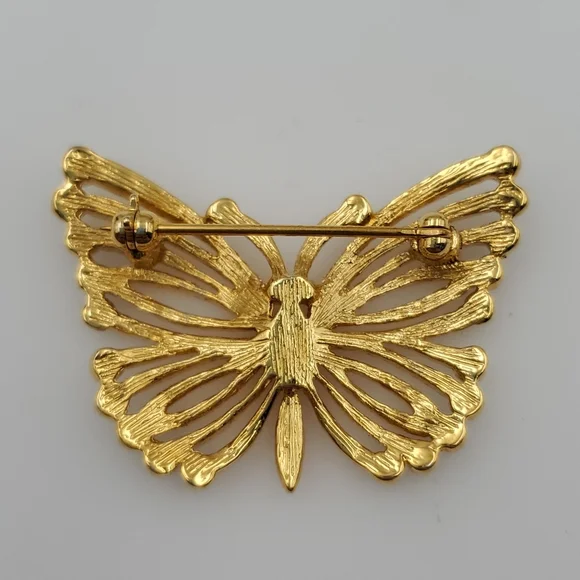 Gold Tone Butterfly with Blue & Green Rhinestones Brooch - Picture 3 of 5